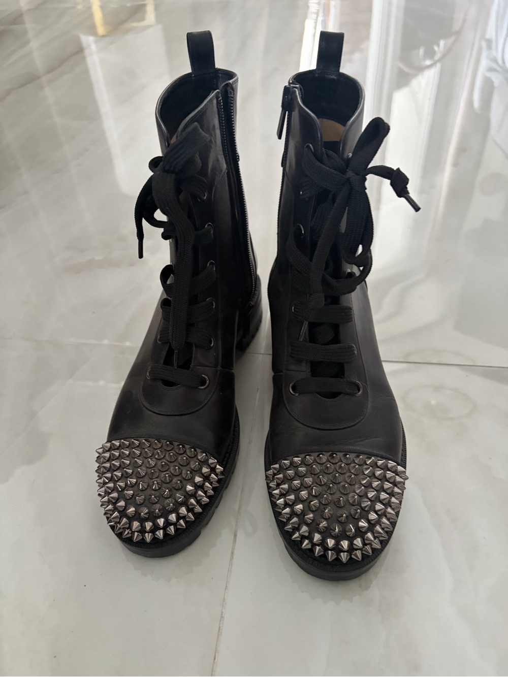 Christian Louboutin Black Lace-Up Studded Toe Boots